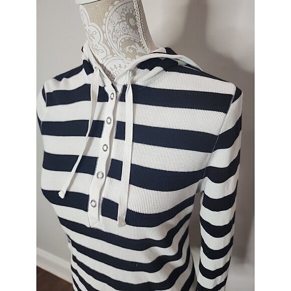 Lauren Ralph Lauren Cotton Hoodie White Black Striped Snaps Pullover Women's PM - Picture 3 of 8